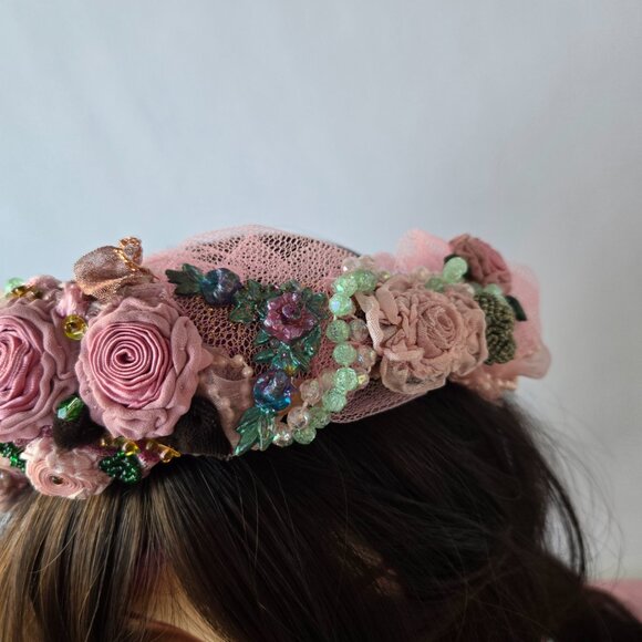 Handmade Pink Rose Crown Flower Tiara 1920s-Style  Fairycore Romantic Headband main image 5